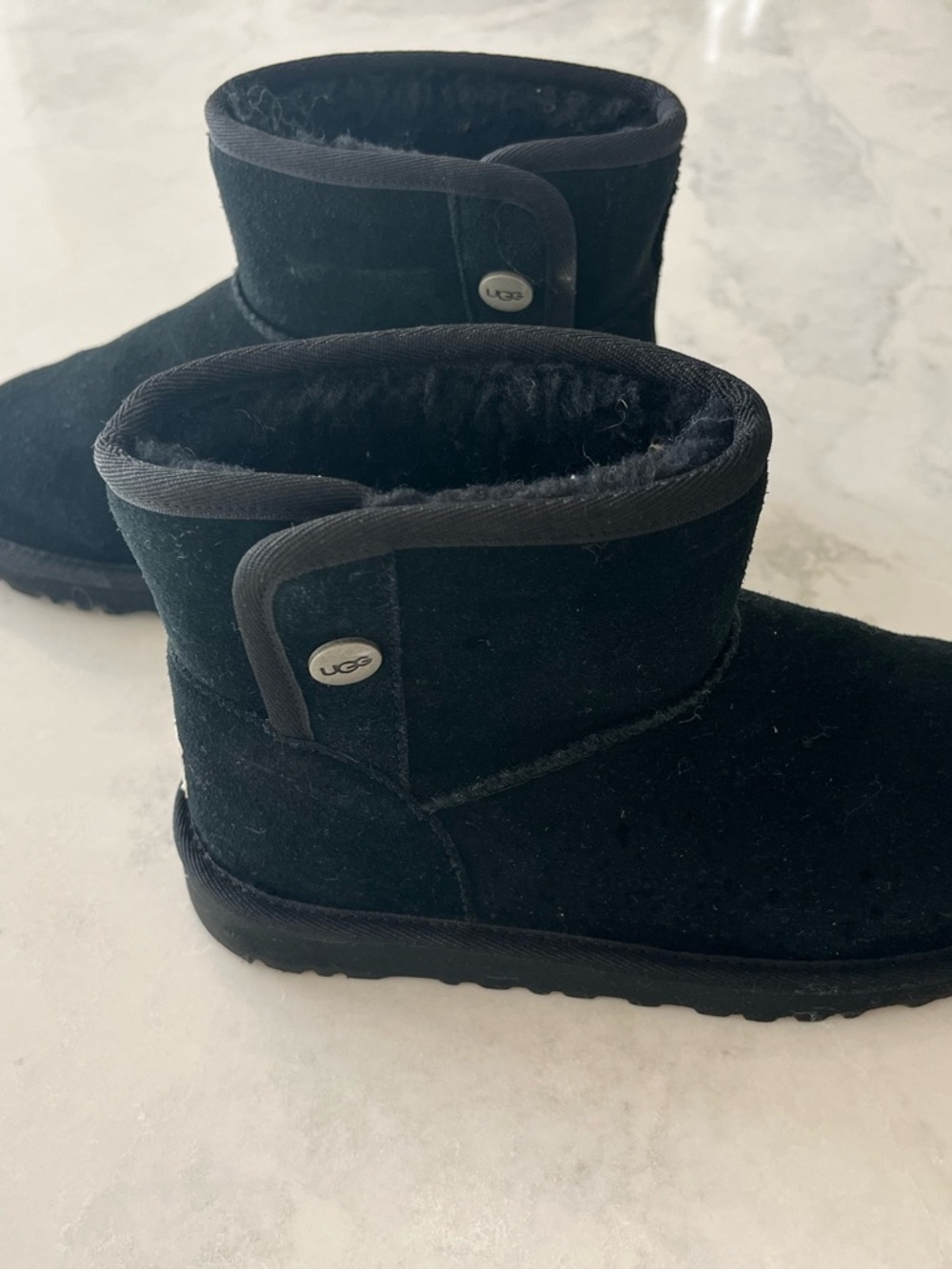 UGG Kids Short Black Shearling Boot with Button Detail